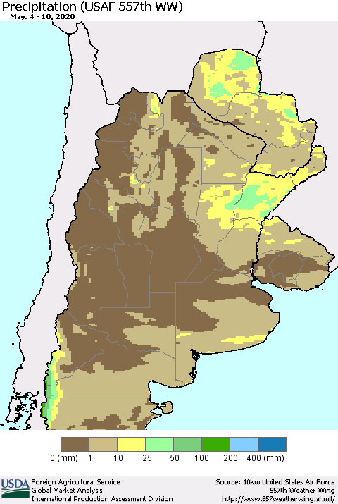 Southern South America Precipitation (USAF 557th WW) Thematic Map For 5/4/2020 - 5/10/2020