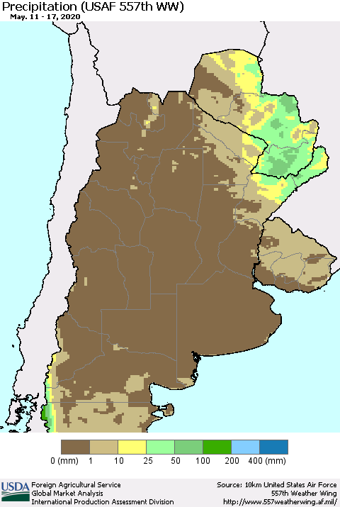 Southern South America Precipitation (USAF 557th WW) Thematic Map For 5/11/2020 - 5/17/2020