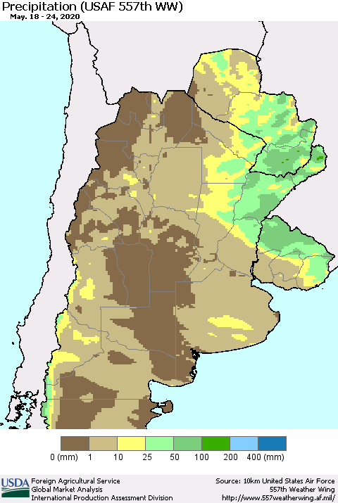 Southern South America Precipitation (USAF 557th WW) Thematic Map For 5/18/2020 - 5/24/2020
