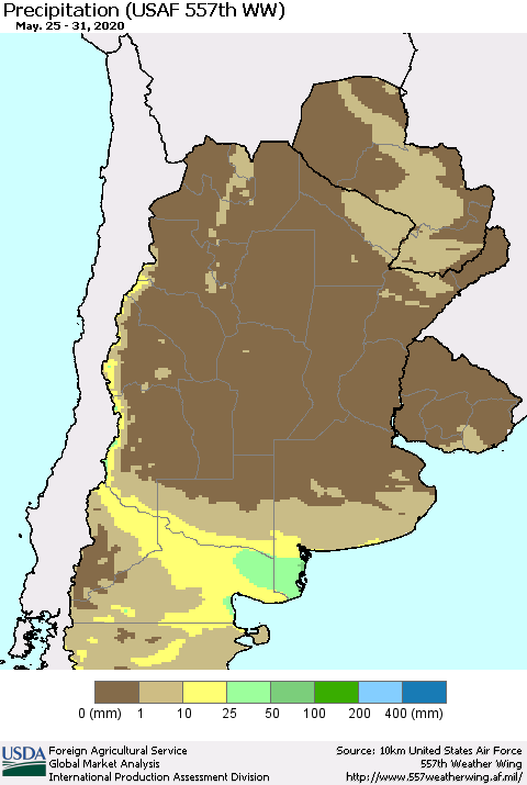 Southern South America Precipitation (USAF 557th WW) Thematic Map For 5/25/2020 - 5/31/2020