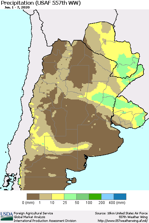 Southern South America Precipitation (USAF 557th WW) Thematic Map For 6/1/2020 - 6/7/2020