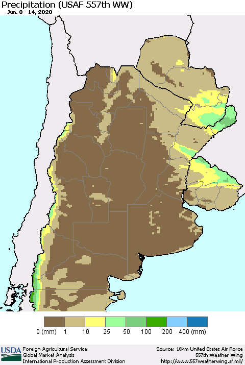 Southern South America Precipitation (USAF 557th WW) Thematic Map For 6/8/2020 - 6/14/2020