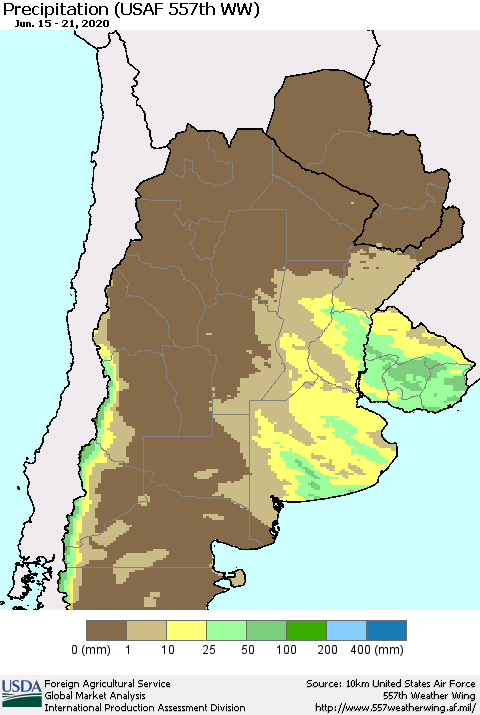 Southern South America Precipitation (USAF 557th WW) Thematic Map For 6/15/2020 - 6/21/2020