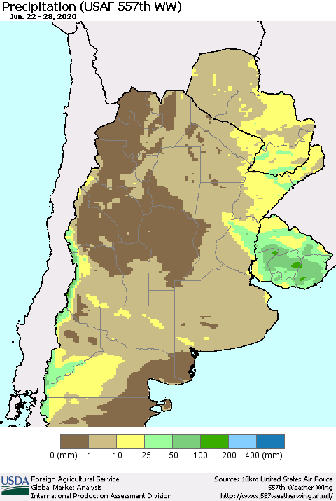 Southern South America Precipitation (USAF 557th WW) Thematic Map For 6/22/2020 - 6/28/2020