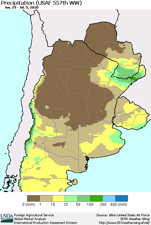 Southern South America Precipitation (USAF 557th WW) Thematic Map For 6/29/2020 - 7/5/2020