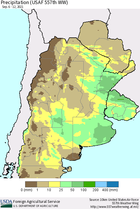 Southern South America Precipitation (USAF 557th WW) Thematic Map For 9/6/2021 - 9/12/2021