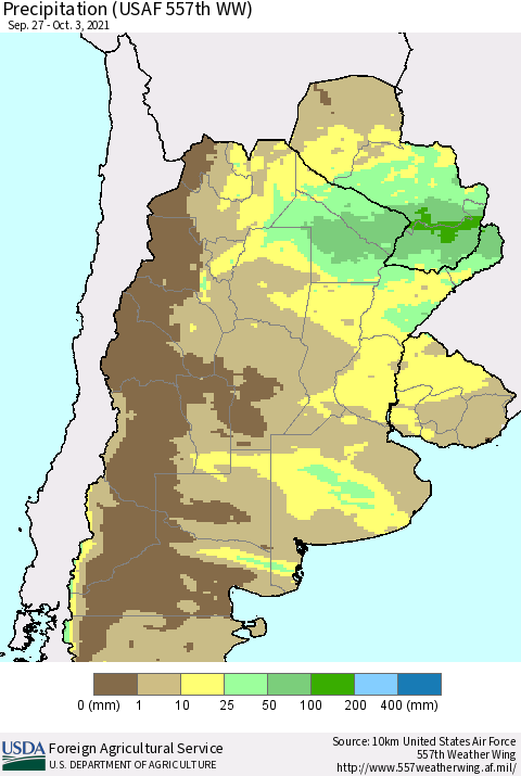 Southern South America Precipitation (USAF 557th WW) Thematic Map For 9/27/2021 - 10/3/2021