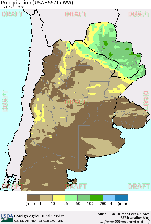 Southern South America Precipitation (USAF 557th WW) Thematic Map For 10/4/2021 - 10/10/2021