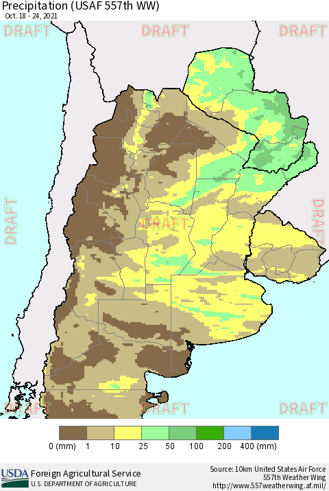Southern South America Precipitation (USAF 557th WW) Thematic Map For 10/18/2021 - 10/24/2021