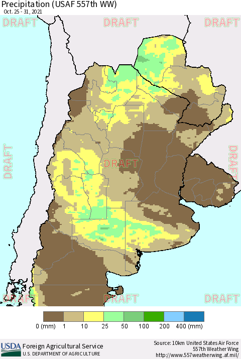 Southern South America Precipitation (USAF 557th WW) Thematic Map For 10/25/2021 - 10/31/2021