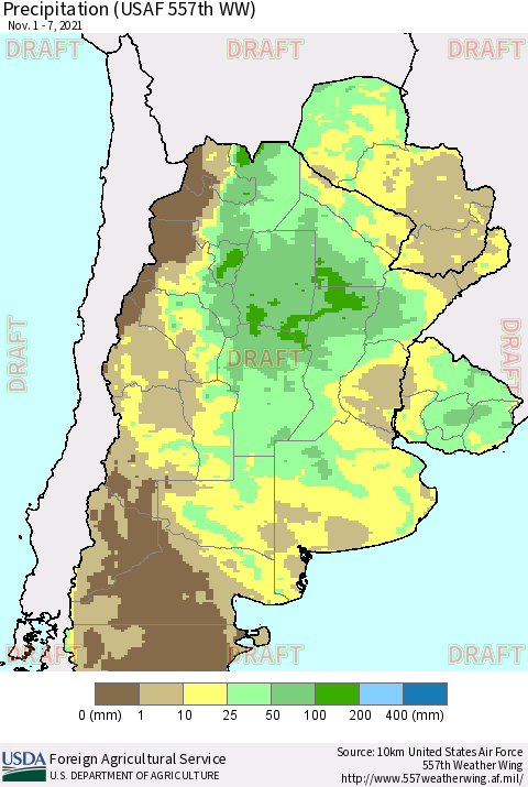 Southern South America Precipitation (USAF 557th WW) Thematic Map For 11/1/2021 - 11/7/2021