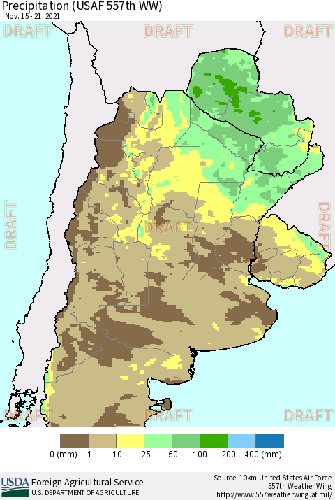 Southern South America Precipitation (USAF 557th WW) Thematic Map For 11/15/2021 - 11/21/2021