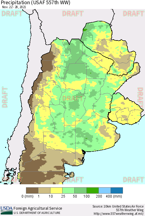 Southern South America Precipitation (USAF 557th WW) Thematic Map For 11/22/2021 - 11/28/2021