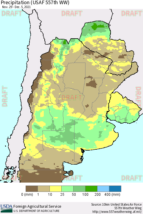 Southern South America Precipitation (USAF 557th WW) Thematic Map For 11/29/2021 - 12/5/2021