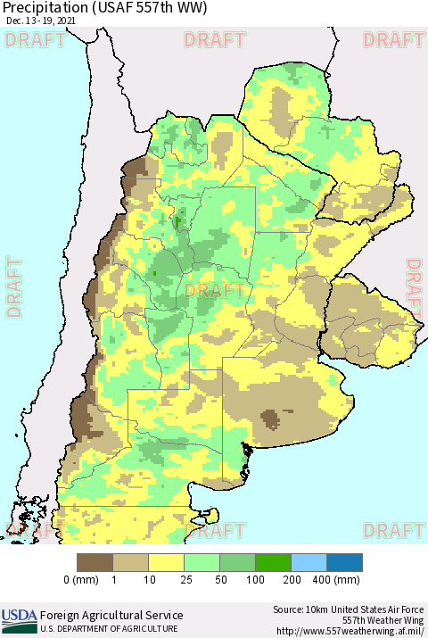 Southern South America Precipitation (USAF 557th WW) Thematic Map For 12/13/2021 - 12/19/2021