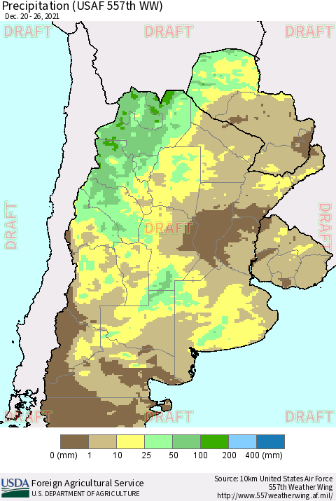 Southern South America Precipitation (USAF 557th WW) Thematic Map For 12/20/2021 - 12/26/2021