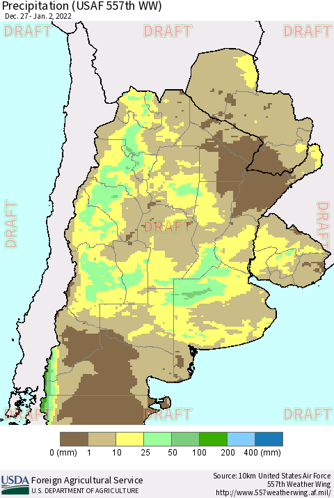 Southern South America Precipitation (USAF 557th WW) Thematic Map For 12/27/2021 - 1/2/2022