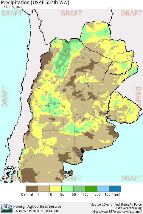 Southern South America Precipitation (USAF 557th WW) Thematic Map For 1/3/2022 - 1/9/2022