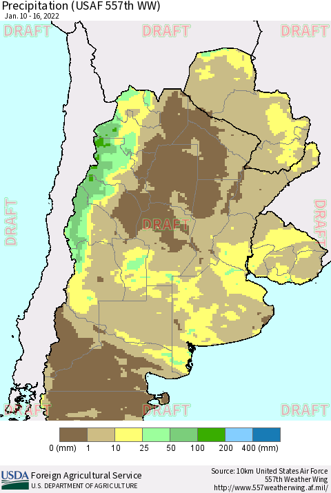 Southern South America Precipitation (USAF 557th WW) Thematic Map For 1/10/2022 - 1/16/2022