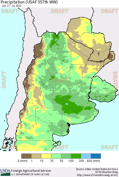 Southern South America Precipitation (USAF 557th WW) Thematic Map For 1/17/2022 - 1/23/2022