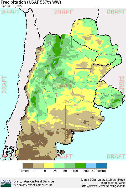 Southern South America Precipitation (USAF 557th WW) Thematic Map For 1/24/2022 - 1/30/2022