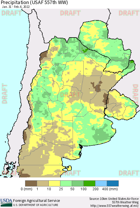 Southern South America Precipitation (USAF 557th WW) Thematic Map For 1/31/2022 - 2/6/2022
