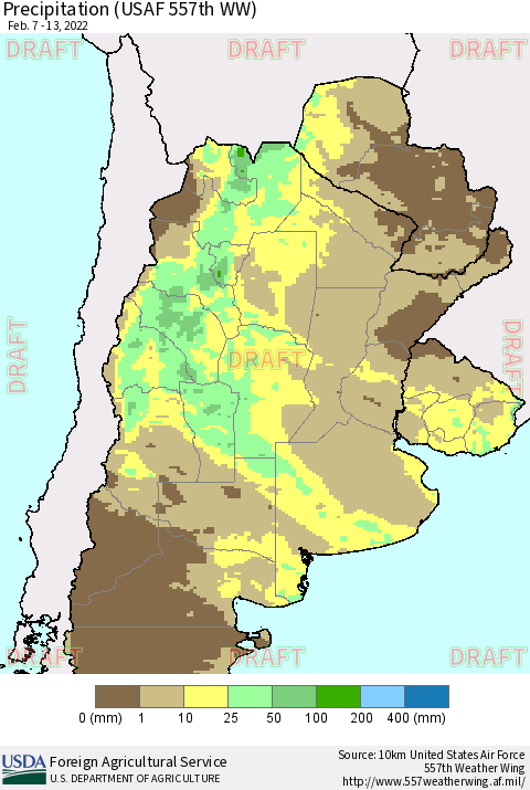 Southern South America Precipitation (USAF 557th WW) Thematic Map For 2/7/2022 - 2/13/2022
