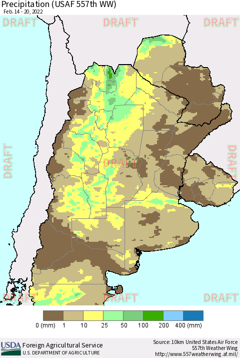 Southern South America Precipitation (USAF 557th WW) Thematic Map For 2/14/2022 - 2/20/2022
