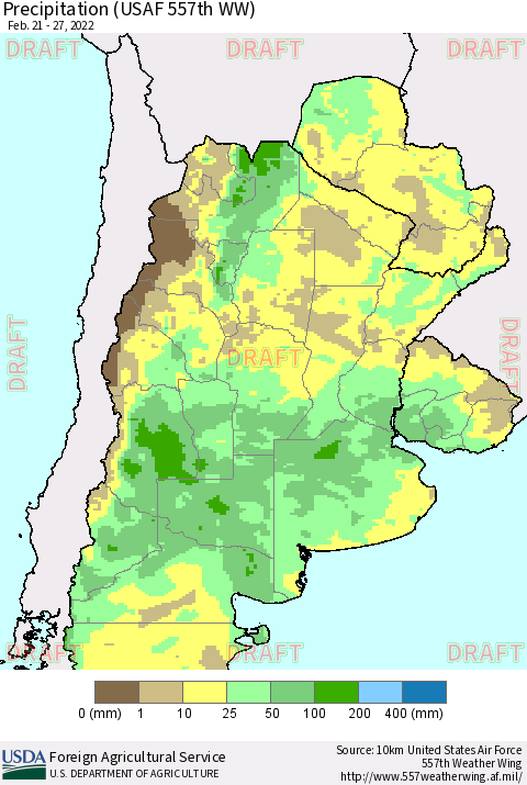 Southern South America Precipitation (USAF 557th WW) Thematic Map For 2/21/2022 - 2/27/2022