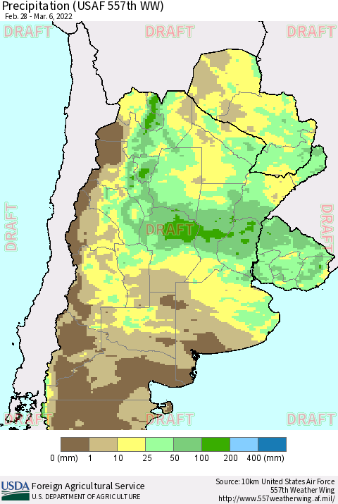 Southern South America Precipitation (USAF 557th WW) Thematic Map For 2/28/2022 - 3/6/2022