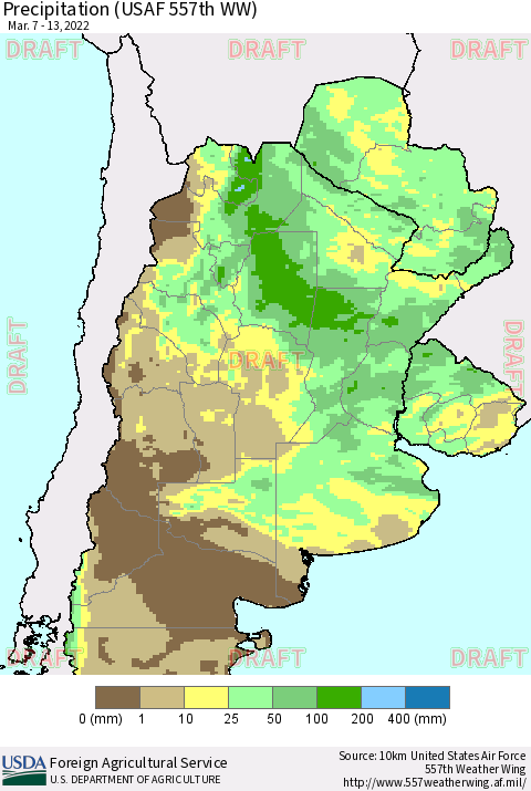 Southern South America Precipitation (USAF 557th WW) Thematic Map For 3/7/2022 - 3/13/2022
