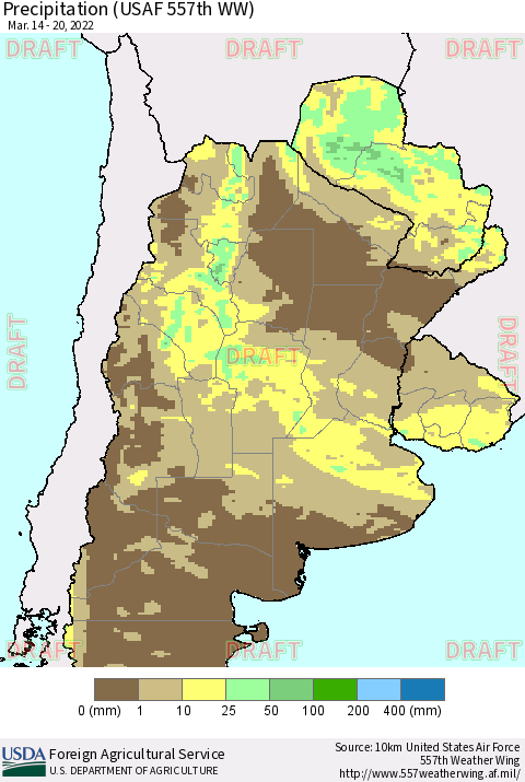 Southern South America Precipitation (USAF 557th WW) Thematic Map For 3/14/2022 - 3/20/2022