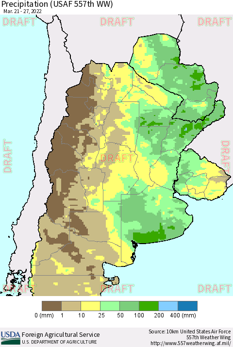 Southern South America Precipitation (USAF 557th WW) Thematic Map For 3/21/2022 - 3/27/2022