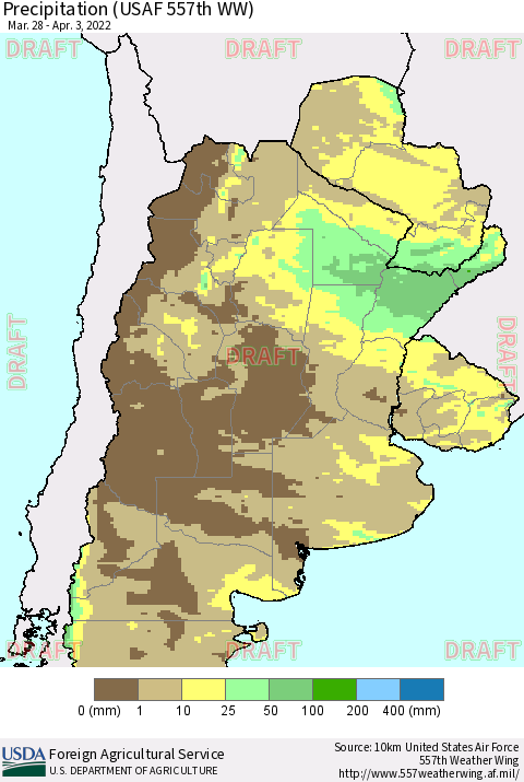Southern South America Precipitation (USAF 557th WW) Thematic Map For 3/28/2022 - 4/3/2022