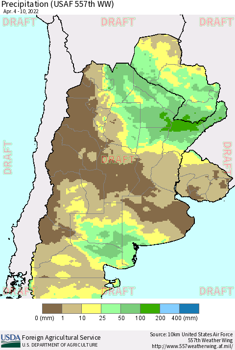 Southern South America Precipitation (USAF 557th WW) Thematic Map For 4/4/2022 - 4/10/2022