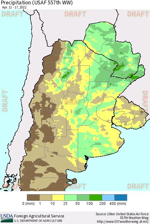 Southern South America Precipitation (USAF 557th WW) Thematic Map For 4/11/2022 - 4/17/2022