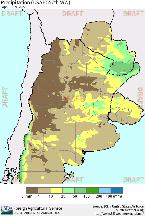 Southern South America Precipitation (USAF 557th WW) Thematic Map For 4/18/2022 - 4/24/2022