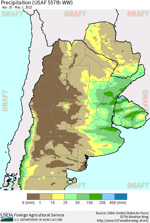 Southern South America Precipitation (USAF 557th WW) Thematic Map For 4/25/2022 - 5/1/2022