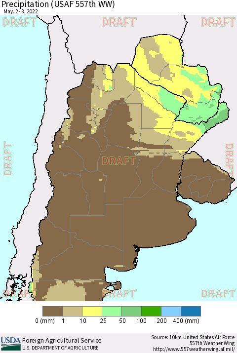 Southern South America Precipitation (USAF 557th WW) Thematic Map For 5/2/2022 - 5/8/2022