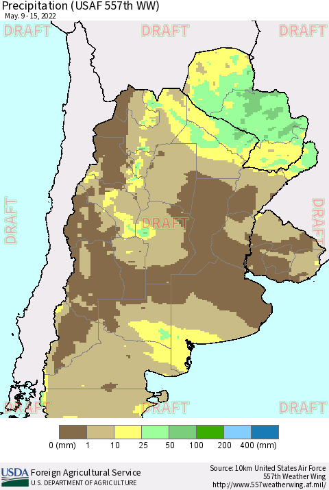 Southern South America Precipitation (USAF 557th WW) Thematic Map For 5/9/2022 - 5/15/2022