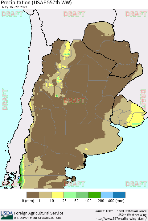 Southern South America Precipitation (USAF 557th WW) Thematic Map For 5/16/2022 - 5/22/2022