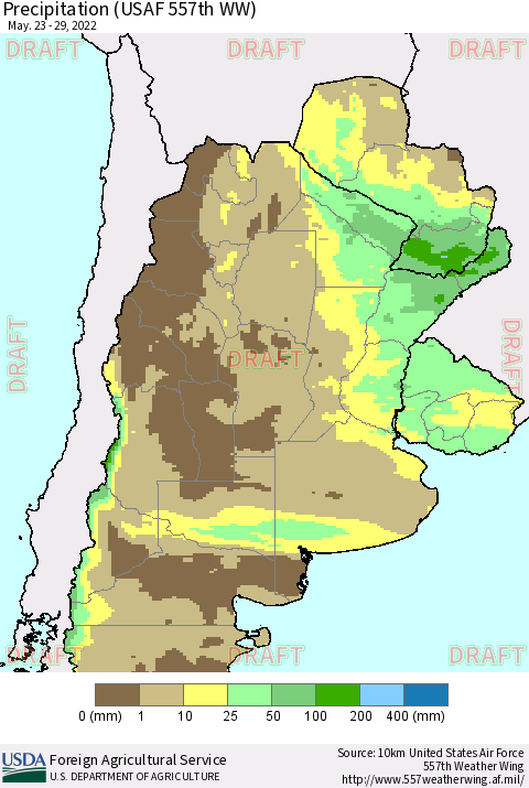 Southern South America Precipitation (USAF 557th WW) Thematic Map For 5/23/2022 - 5/29/2022
