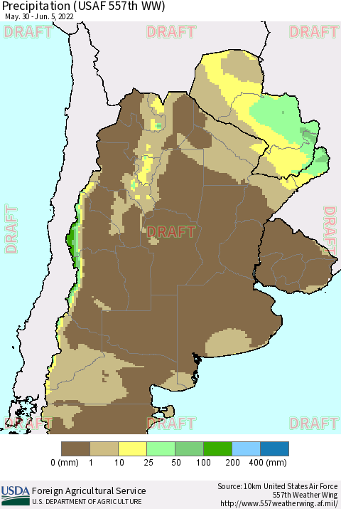 Southern South America Precipitation (USAF 557th WW) Thematic Map For 5/30/2022 - 6/5/2022