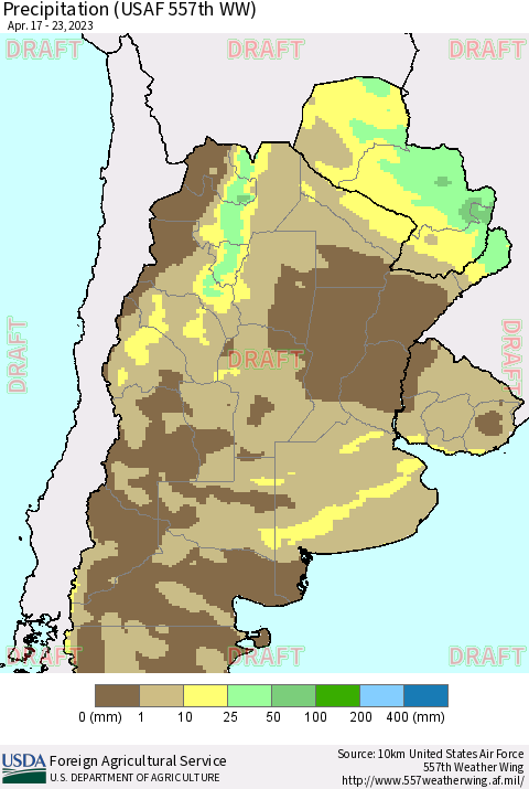 Southern South America Precipitation (USAF 557th WW) Thematic Map For 4/17/2023 - 4/23/2023