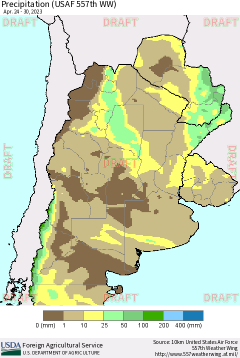 Southern South America Precipitation (USAF 557th WW) Thematic Map For 4/24/2023 - 4/30/2023