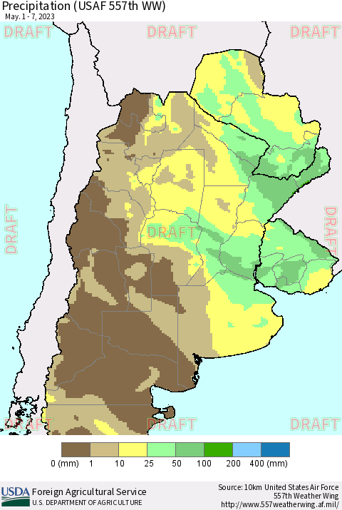 Southern South America Precipitation (USAF 557th WW) Thematic Map For 5/1/2023 - 5/7/2023