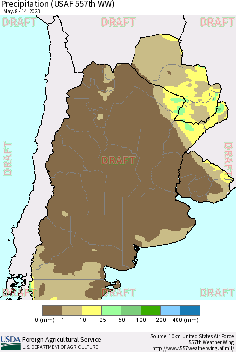 Southern South America Precipitation (USAF 557th WW) Thematic Map For 5/8/2023 - 5/14/2023