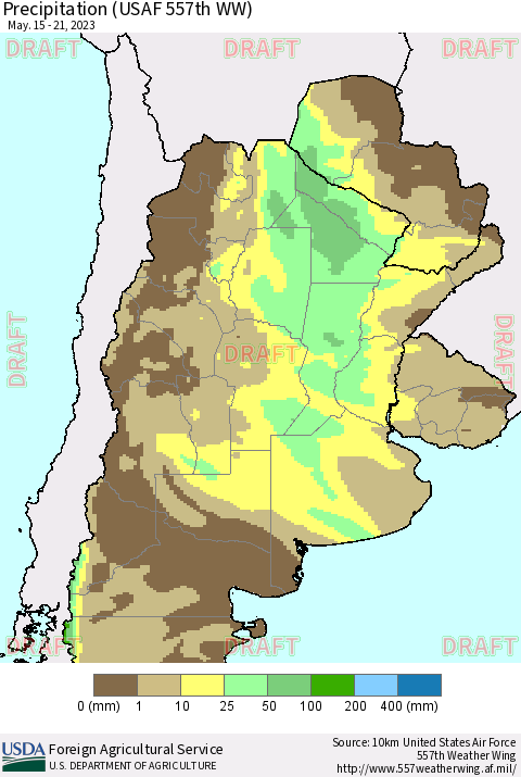 Southern South America Precipitation (USAF 557th WW) Thematic Map For 5/15/2023 - 5/21/2023