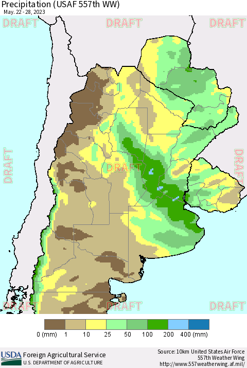 Southern South America Precipitation (USAF 557th WW) Thematic Map For 5/22/2023 - 5/28/2023