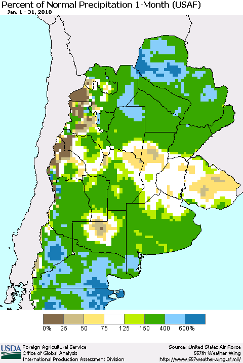 Southern South America Percent of Normal Precipitation 1-Month (USAF) Thematic Map For 1/1/2018 - 1/31/2018